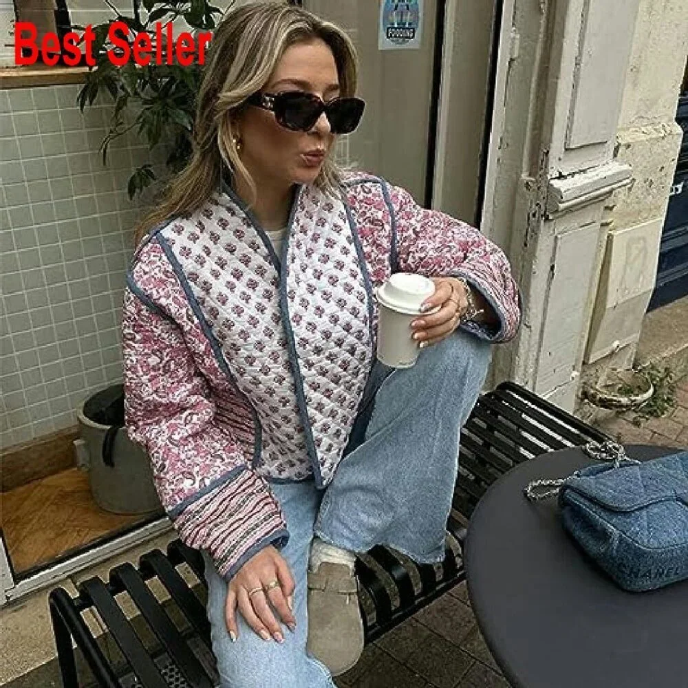Reversible Quilted Cropped Jacket Floral Print Lightweight Puffer Chic
